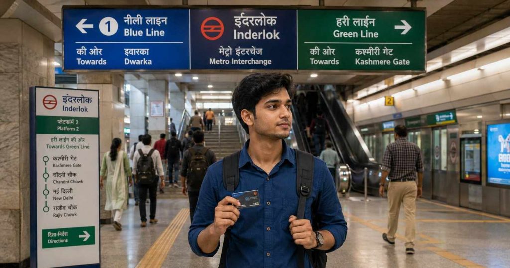 Student at Inderlok Metro station heading to German language classes at Jet Set Jobs South Patel Nagar New Delhi