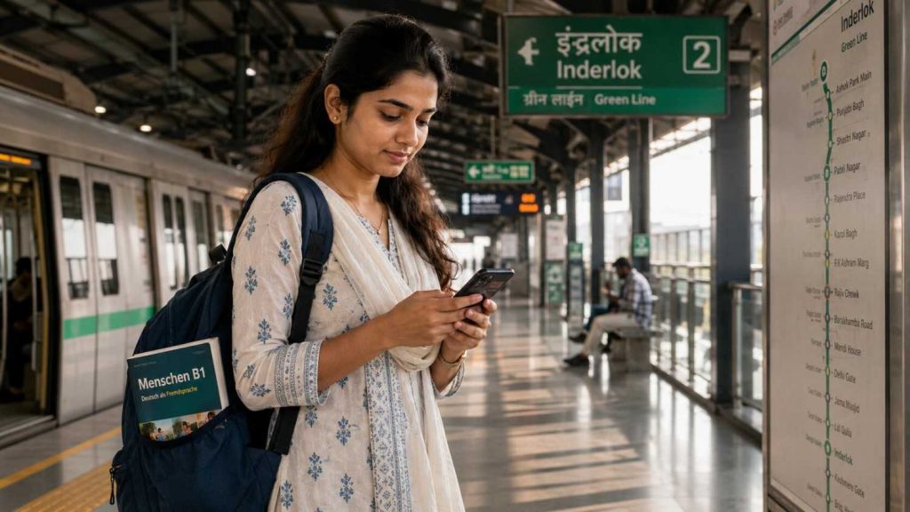 Student at Kirti Nagar Metro station commuting to German classes at Jet Set Jobs South Patel Nagar Delhi