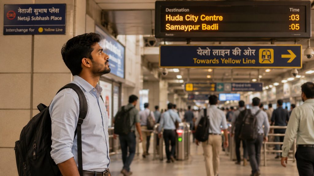 Student at Netaji Subhash Place Metro station heading to German language classes at Jet Set Jobs South Patel Nagar