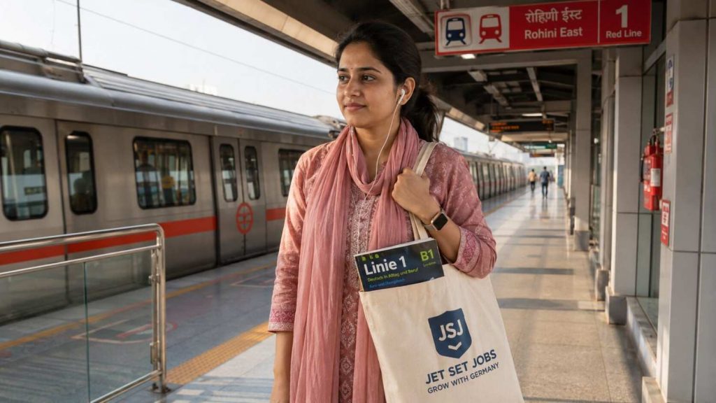 Student at Rohini Metro station heading to German language classes at Jet Set Jobs South Patel Nagar via Red Line