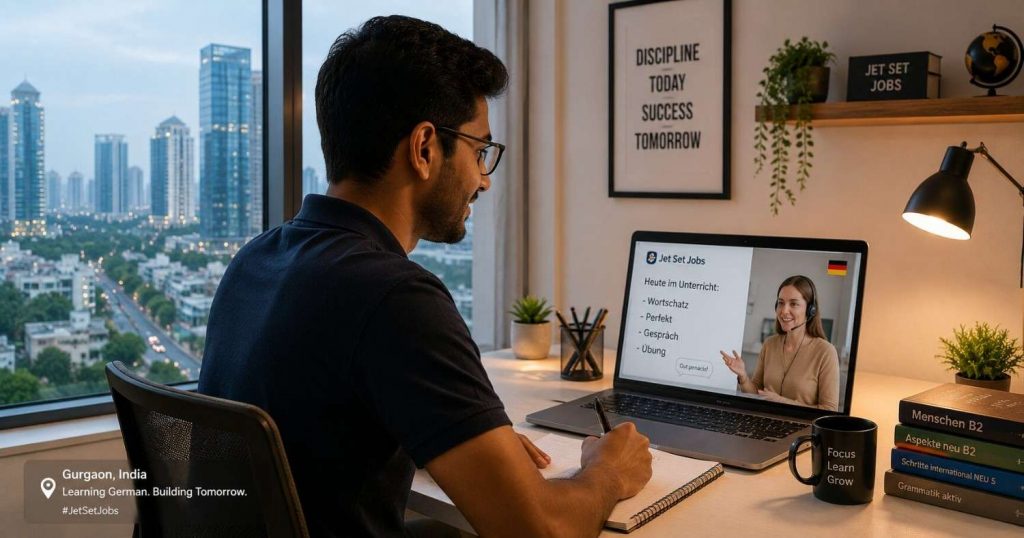 Gurgaon professional attending online German language class at Jet Set Jobs South Patel Nagar Delhi NCR