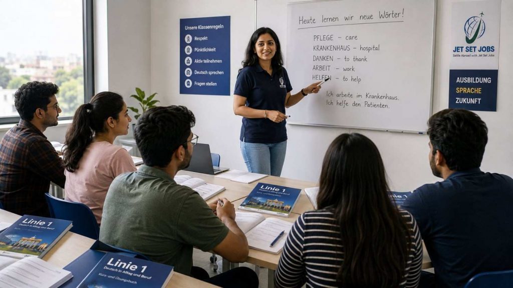 German language classes in Lajpat Nagar - Jet Set Jobs students in a Delhi classroom