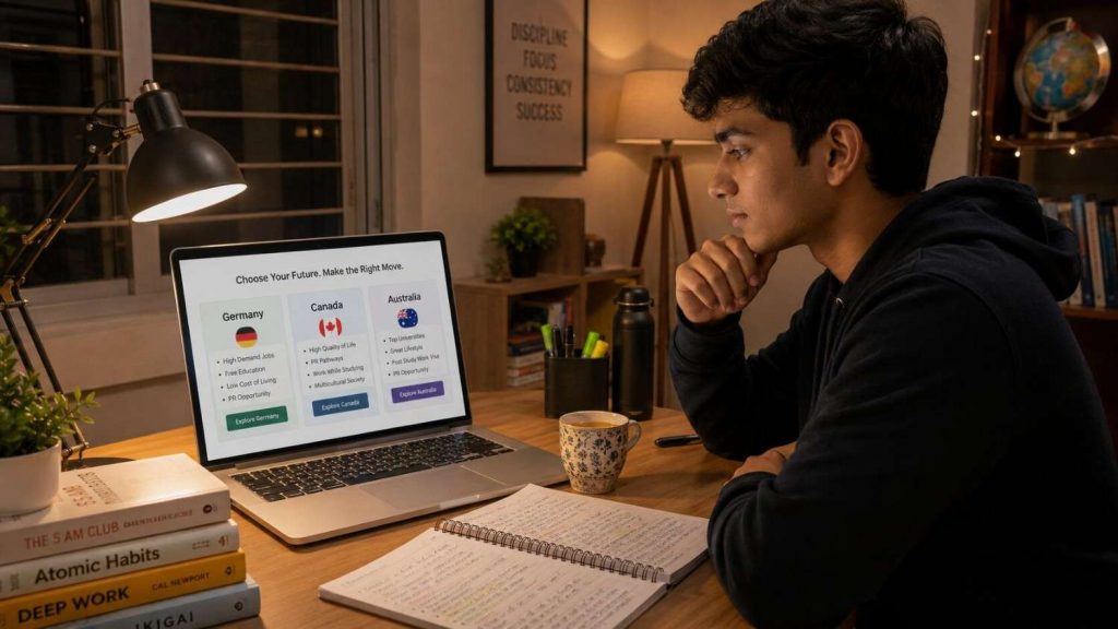 Indian student comparing Germany Ausbildung, Canada and Australia study options on a laptop at home