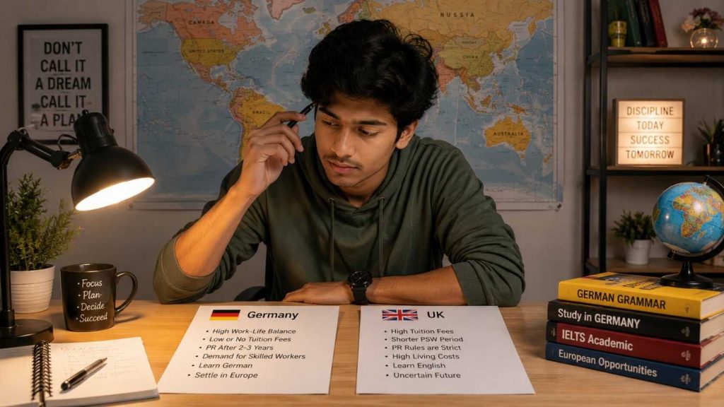 Indian student comparing Germany and UK route options at a desk with map and documents