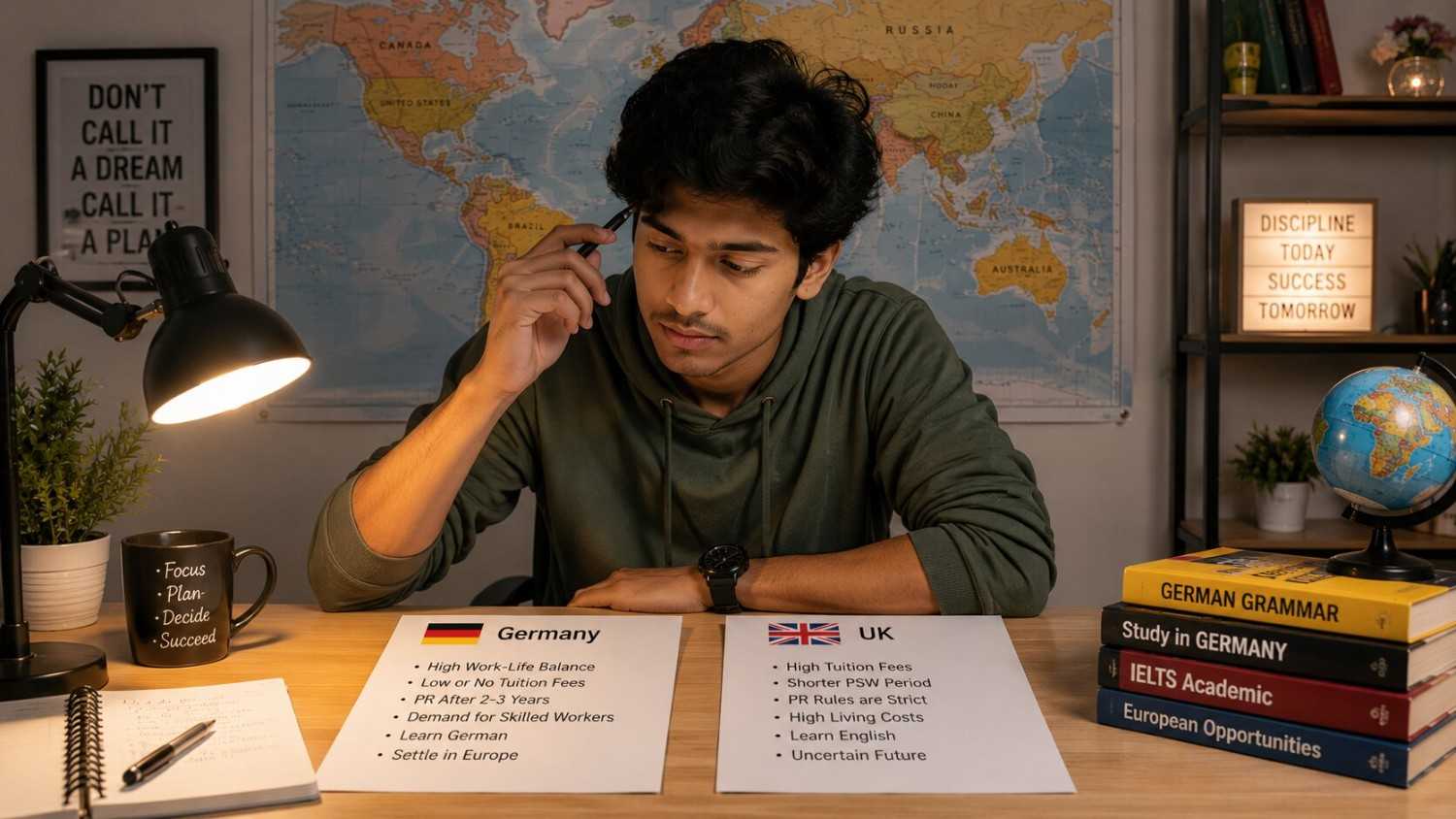 Indian student comparing Germany and UK route options at a desk with map and documents