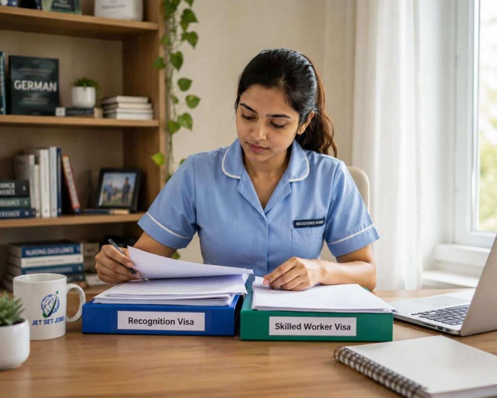 Indian nurse reviewing visa documents at desk with German consulate information brochure