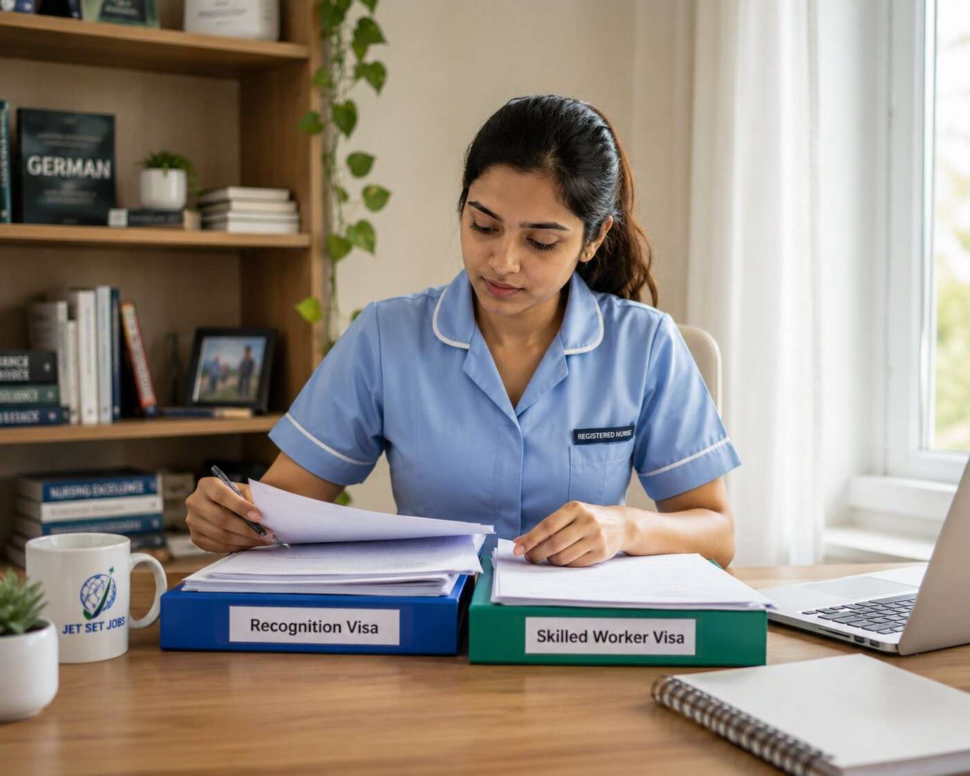 Indian nurse reviewing visa documents at desk with German consulate information brochure