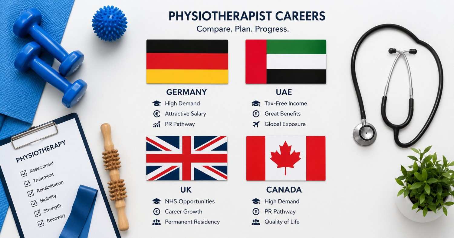 A comparison chart showing four countries for Indian physiotherapists - Germany, UAE, UK, and Canada