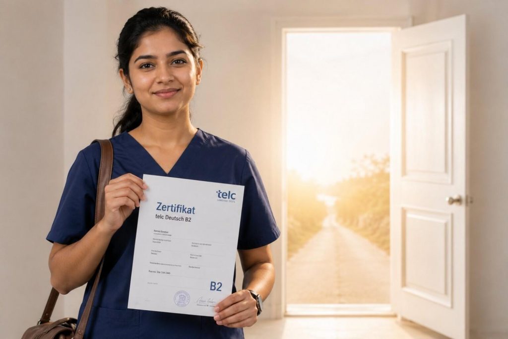 Indian nurse sitting at a desk with two folders labelled Germany and UK, thoughtfully comparing her options