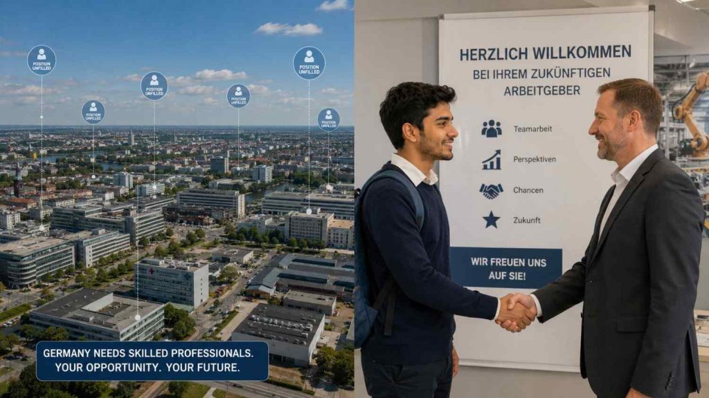 Infographic showing Germany's skilled worker shortage gap and Indian Ausbildung trainees filling it