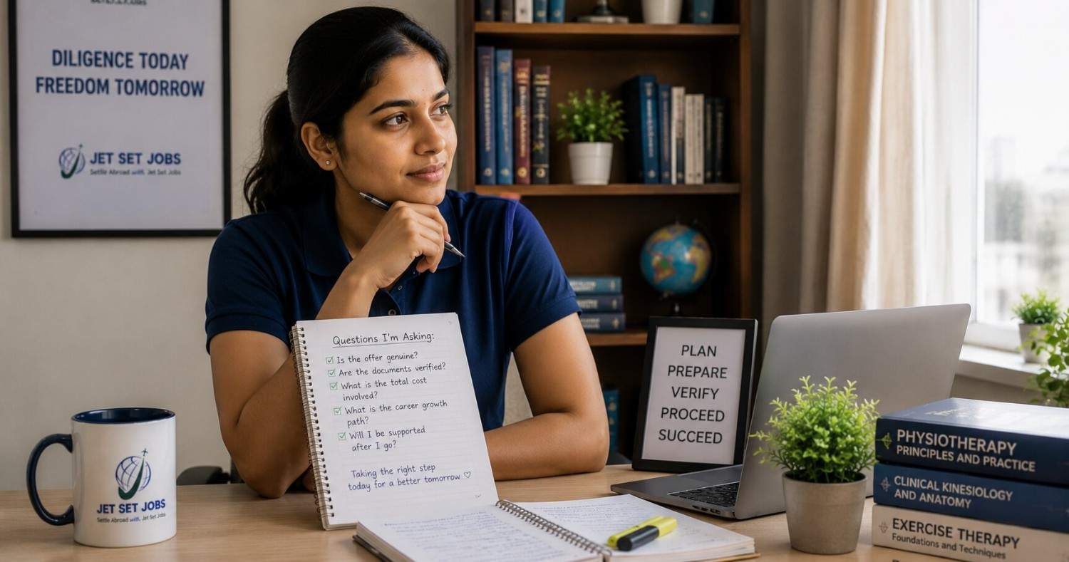 An Indian physiotherapist thoughtfully considering questions before committing to the Germany pathway