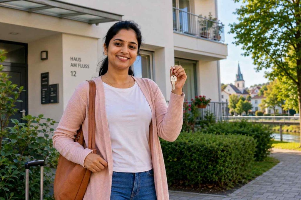 Indian nurse standing outside a clean modest apartment building in a small German town, holding keys and smiling