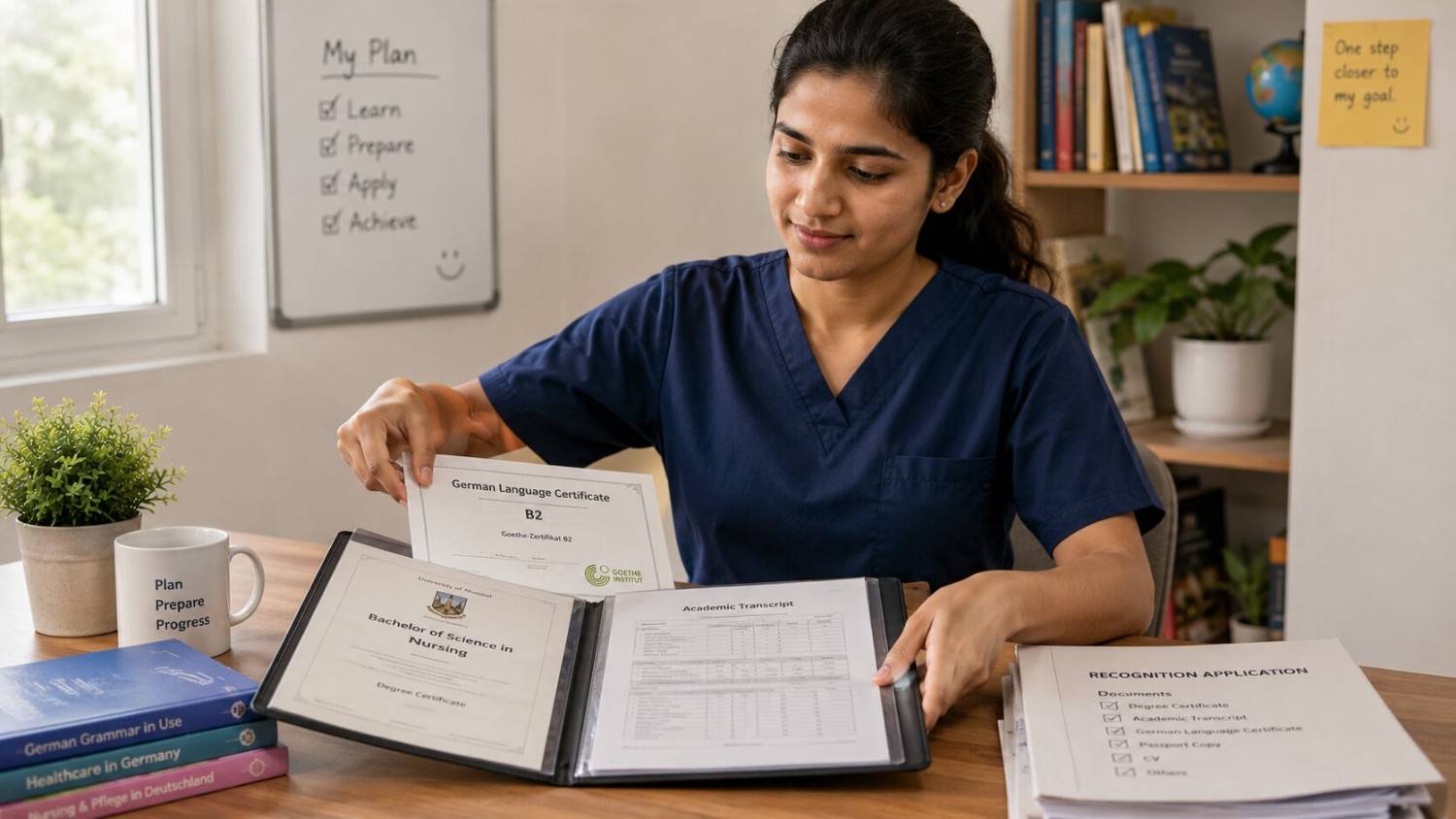 Indian nurse preparing her qualification documents for Austrian nursing recognition