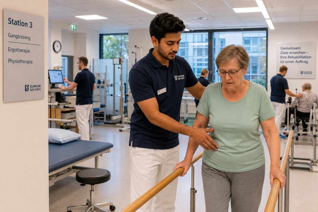 Indian physiotherapist submitting documents at a German state authority office for professional recognition