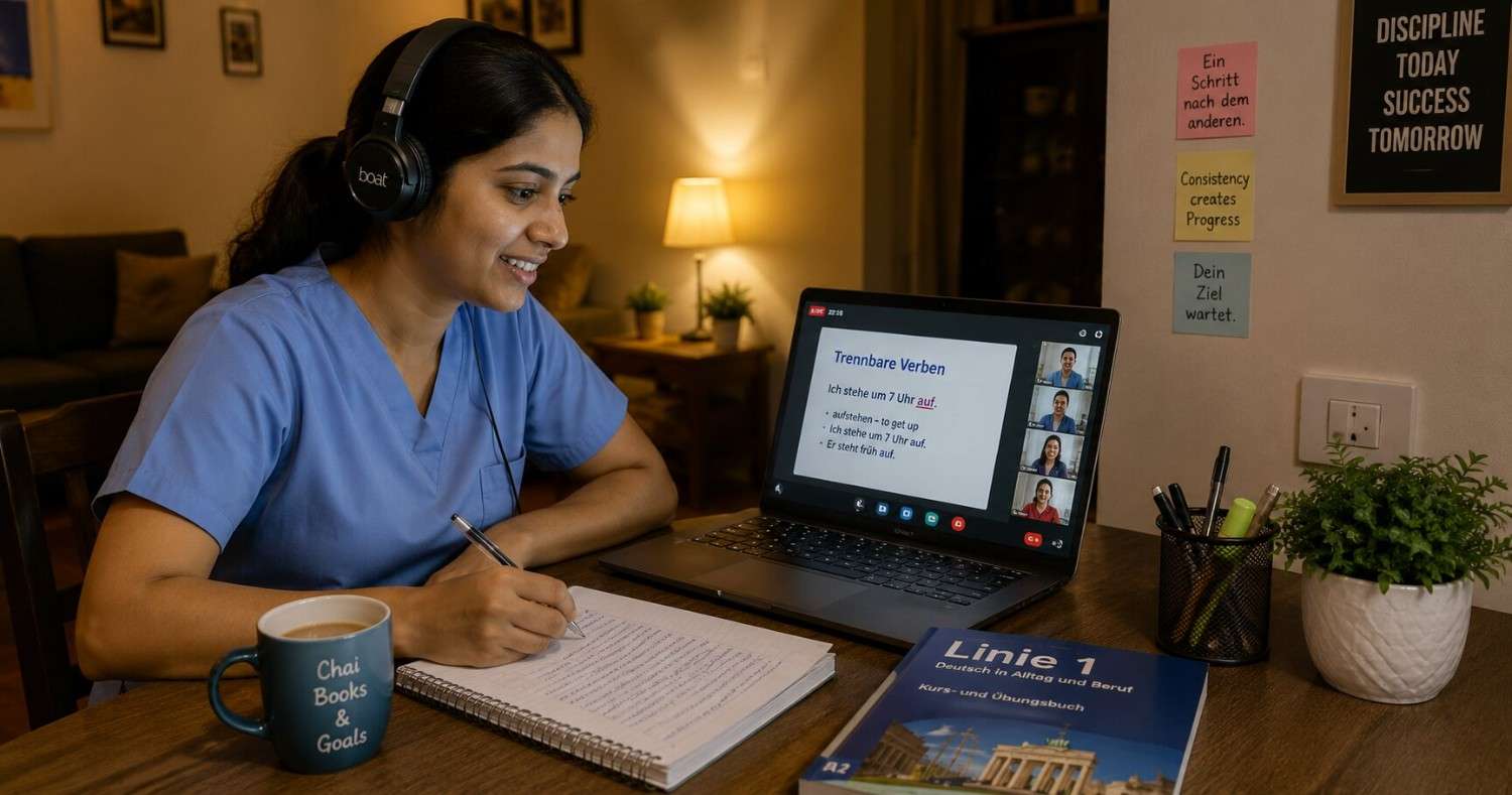 An Indian physiotherapist attending an online German class on a laptop after work hours