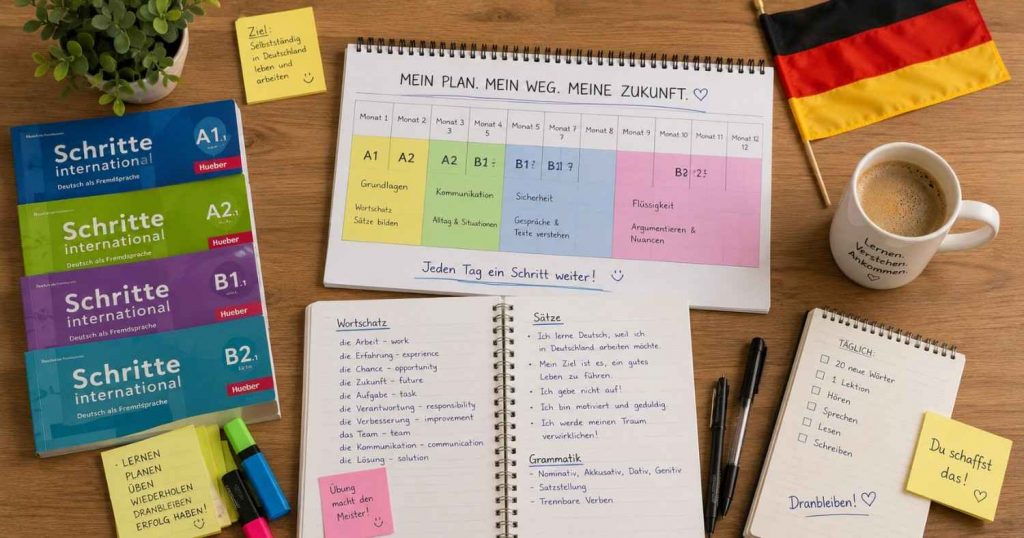 A calendar and German study materials illustrating the timeline from A1 to B2 German