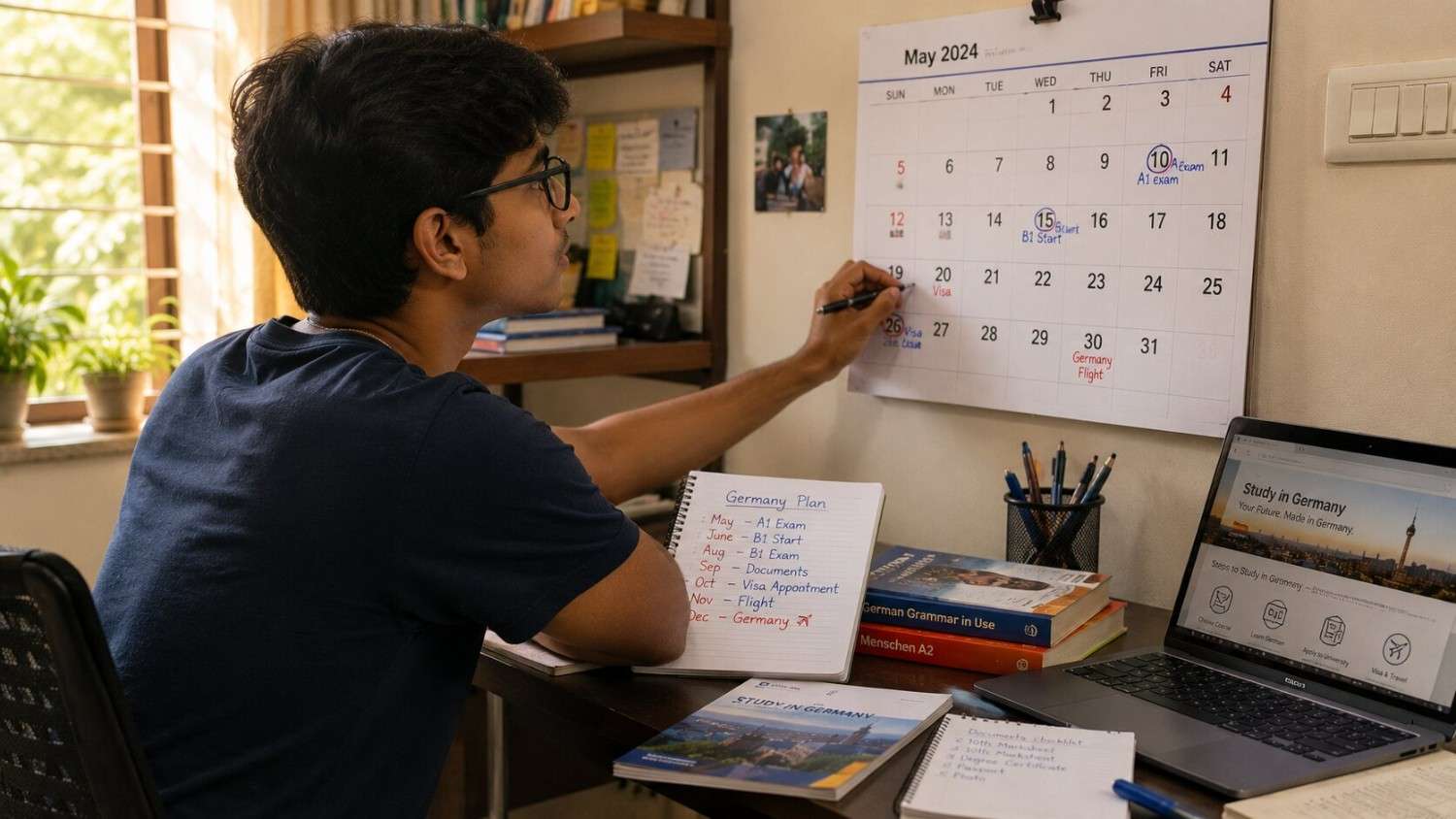 Indian student looking at a calendar and planning the Ausbildung Germany timeline from India