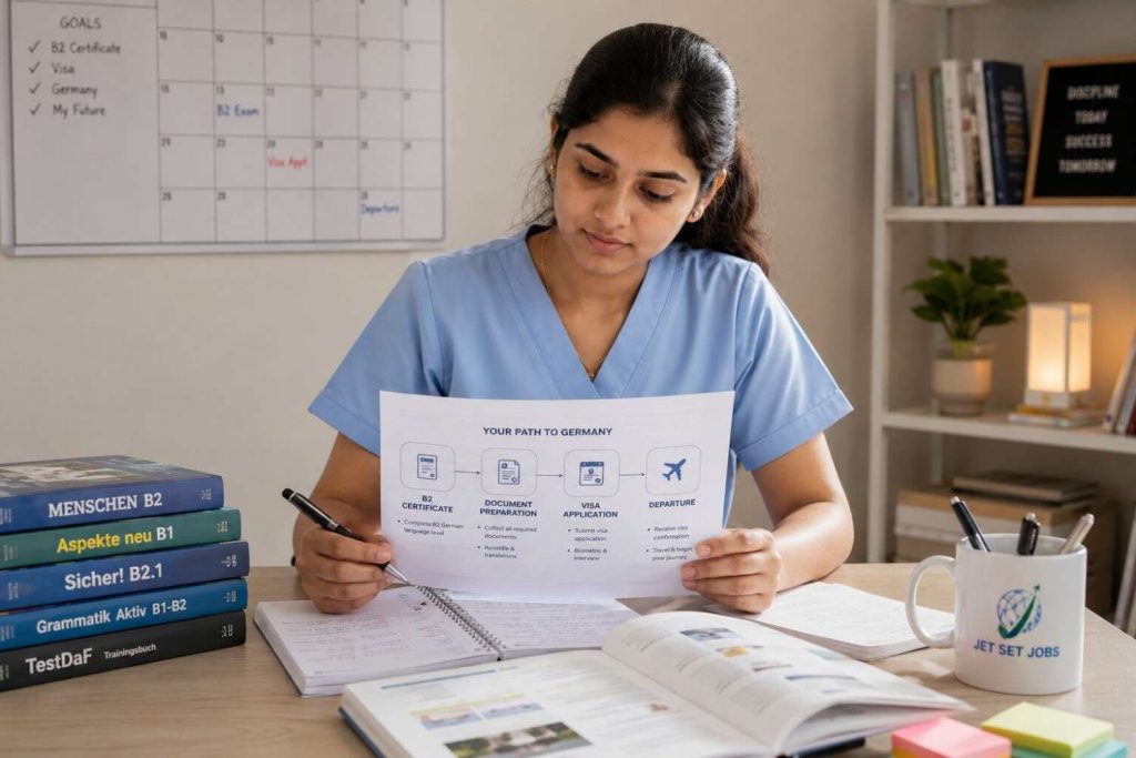 Indian nurse looking at a calendar and timeline chart for Germany nursing visa processing steps