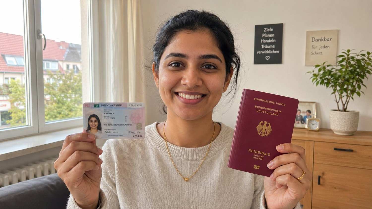 Indian nurse holding her German residence permit card and passport, smiling with relief