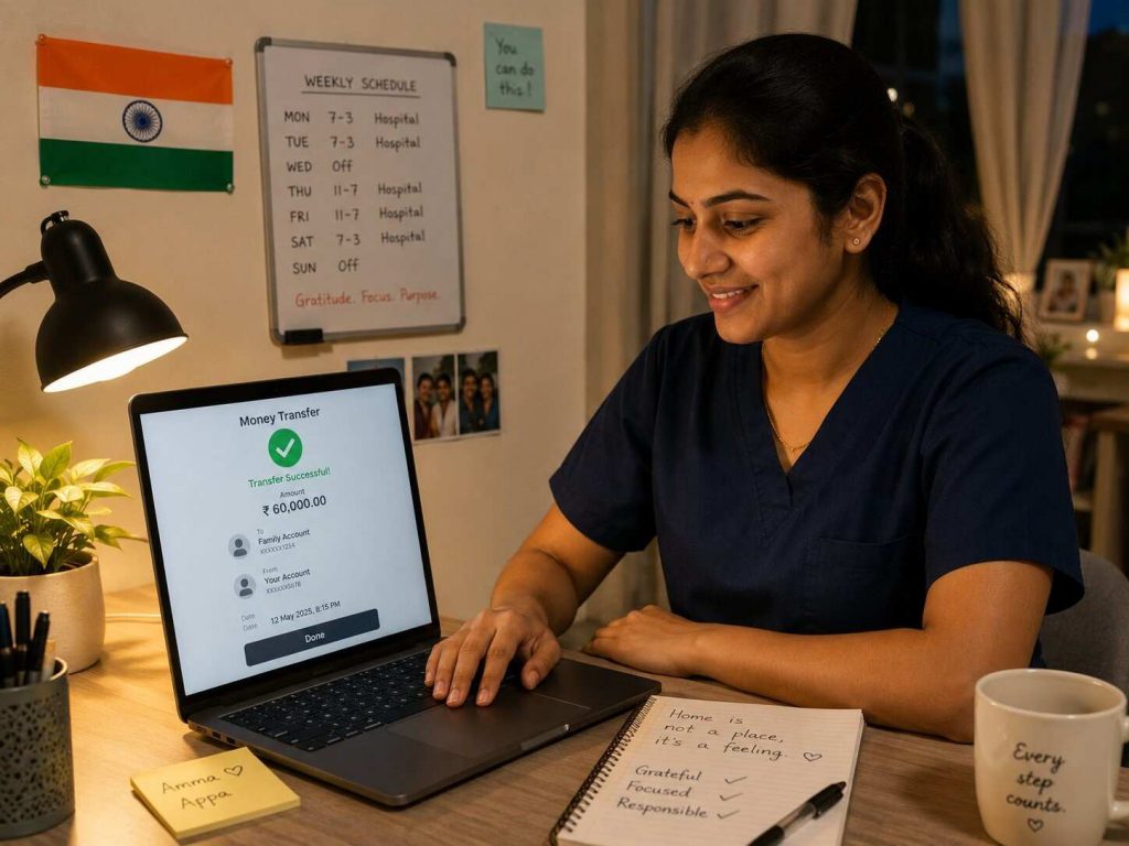 Indian nurse at a laptop making an international bank transfer, smiling with satisfaction, Germany flag visible in background, warm home setting