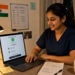 Indian nurse at a laptop making an international bank transfer, smiling with satisfaction, Germany flag visible in background, warm home setting