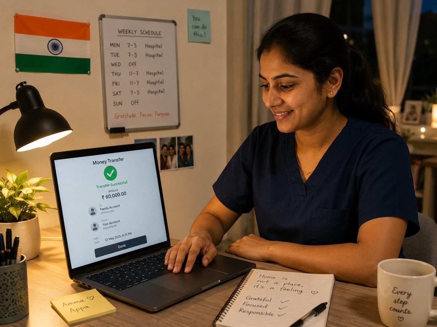 Indian nurse at a laptop making an international bank transfer, smiling with satisfaction, Germany flag visible in background, warm home setting