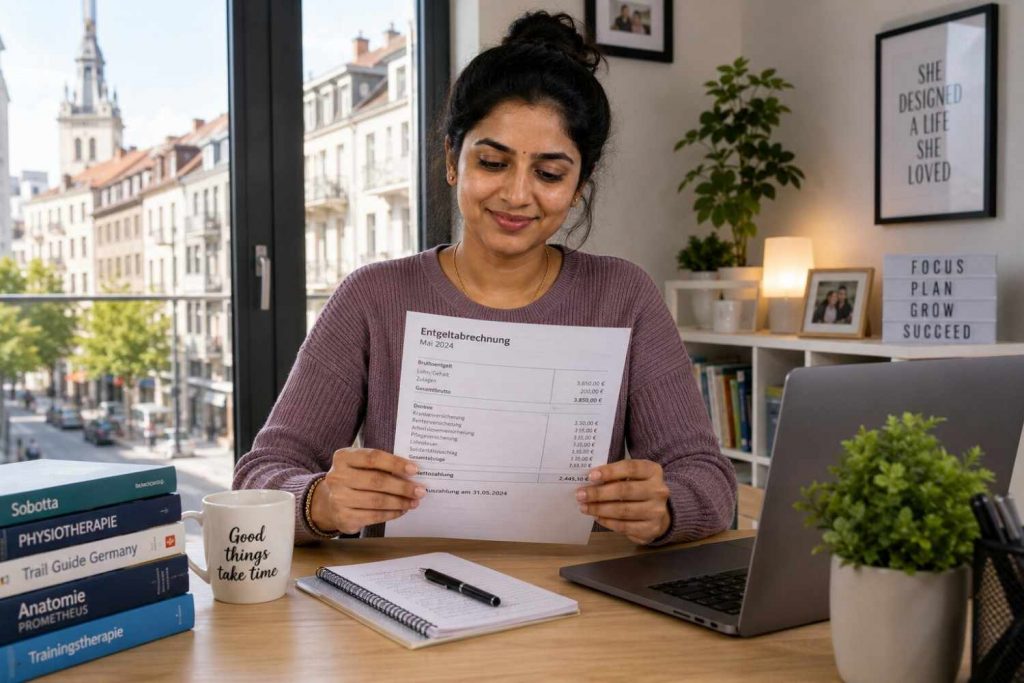 Indian physiotherapist reviewing salary and finances in a German apartment