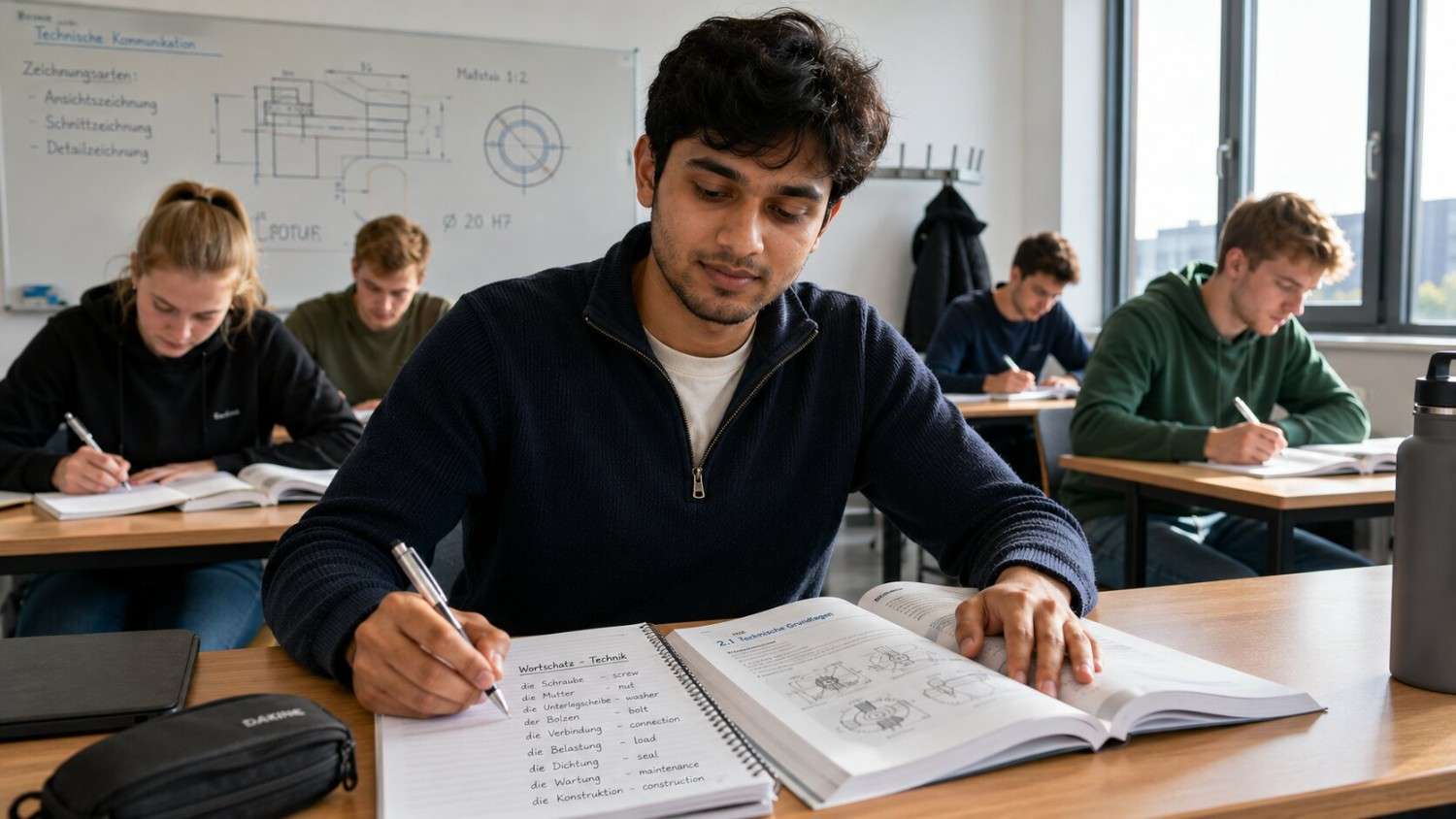 Indian Ausbildung trainee studying at a German Berufsschule classroom with notebook and textbooks