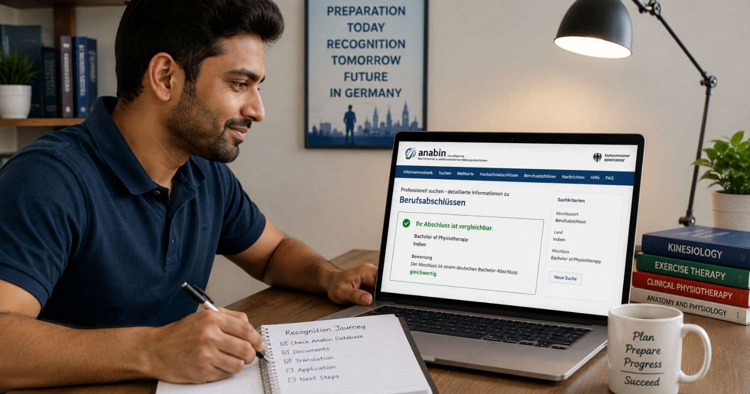 An Indian physiotherapist checking their university status on the Anabin database on a laptop