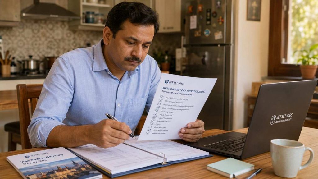 Indian family using a checklist to verify an Ausbildung Germany consultancy before registering