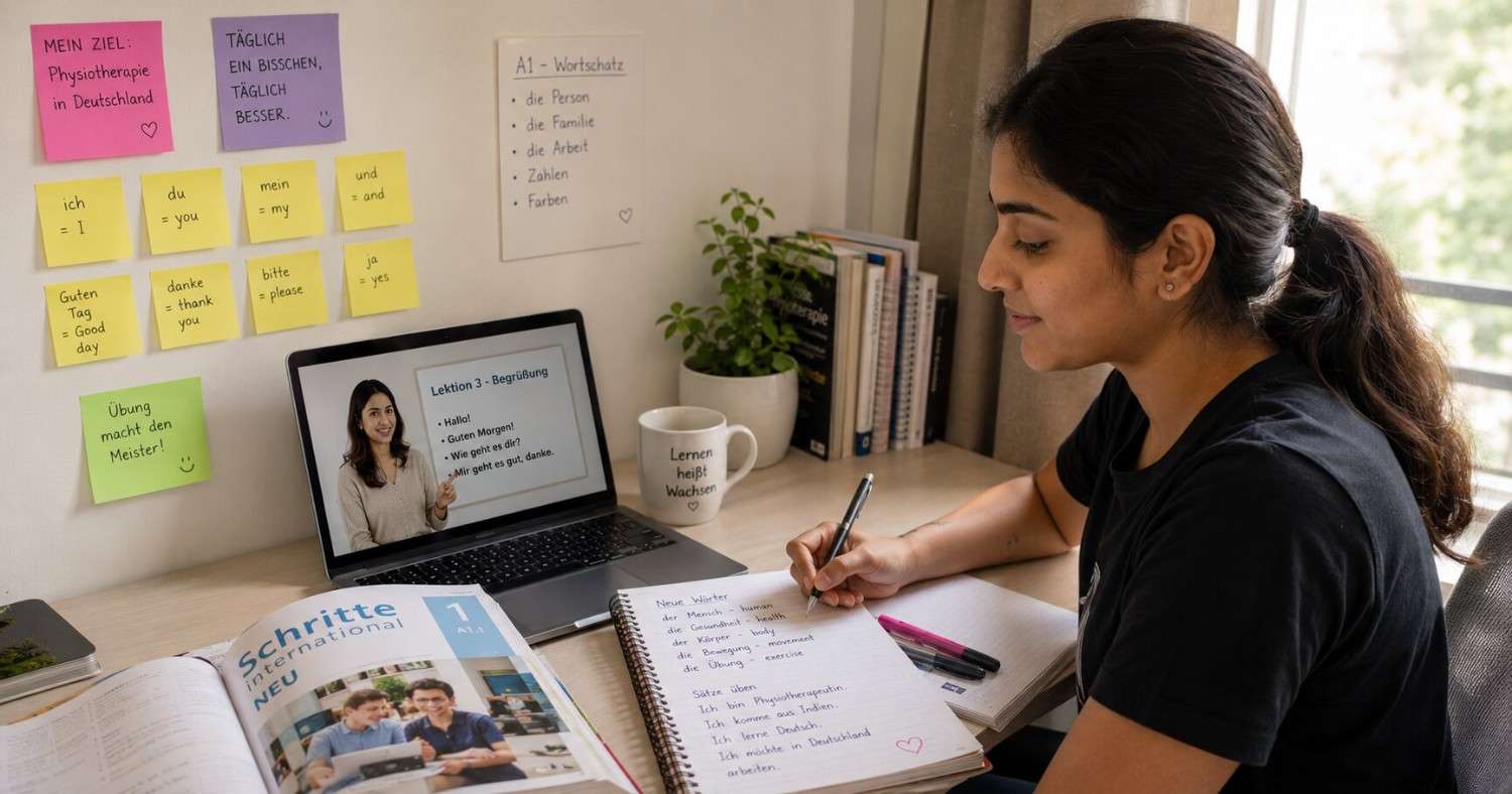 An Indian physiotherapist beginning German language learning with a textbook and laptop at home