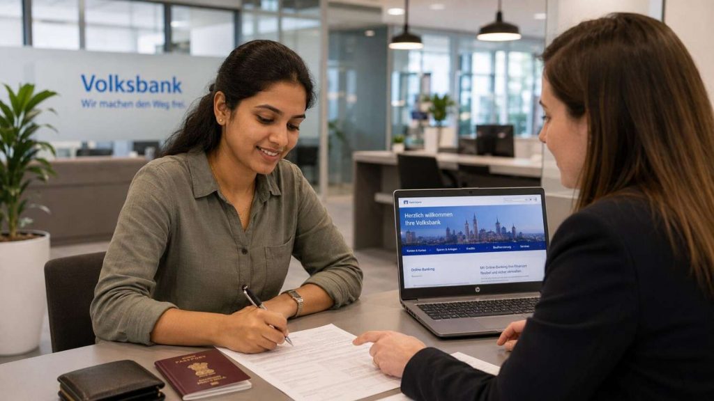 Indian nurse at a German bank counter with her documents, opening her first bank account after arriving in Germany