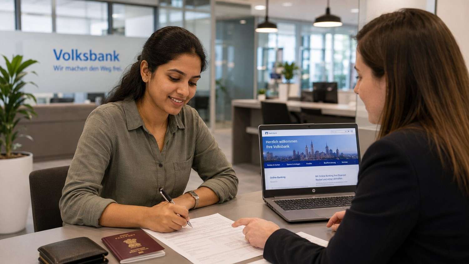 Indian nurse at a German bank counter with her documents, opening her first bank account after arriving in Germany