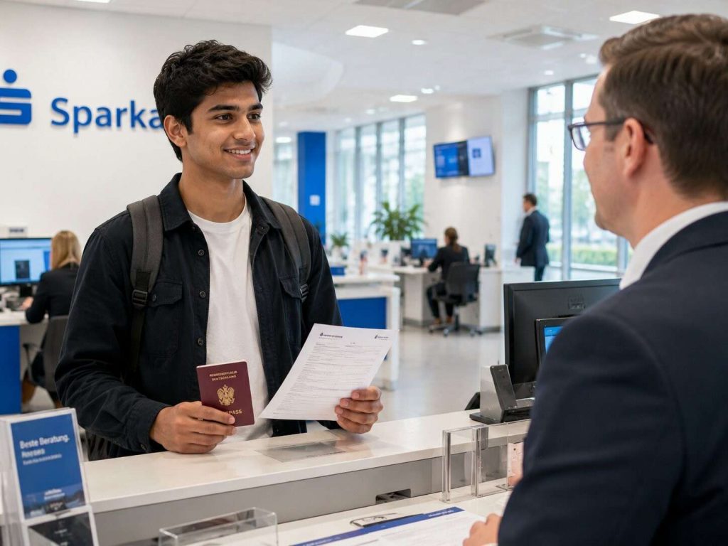 Young Indian Ausbildung trainee at a German bank, opening an account with documents
