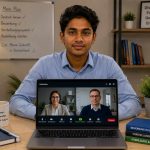 Young Indian Ausbildung candidate on a professional video call interview, sitting straight and speaking confidently in German
