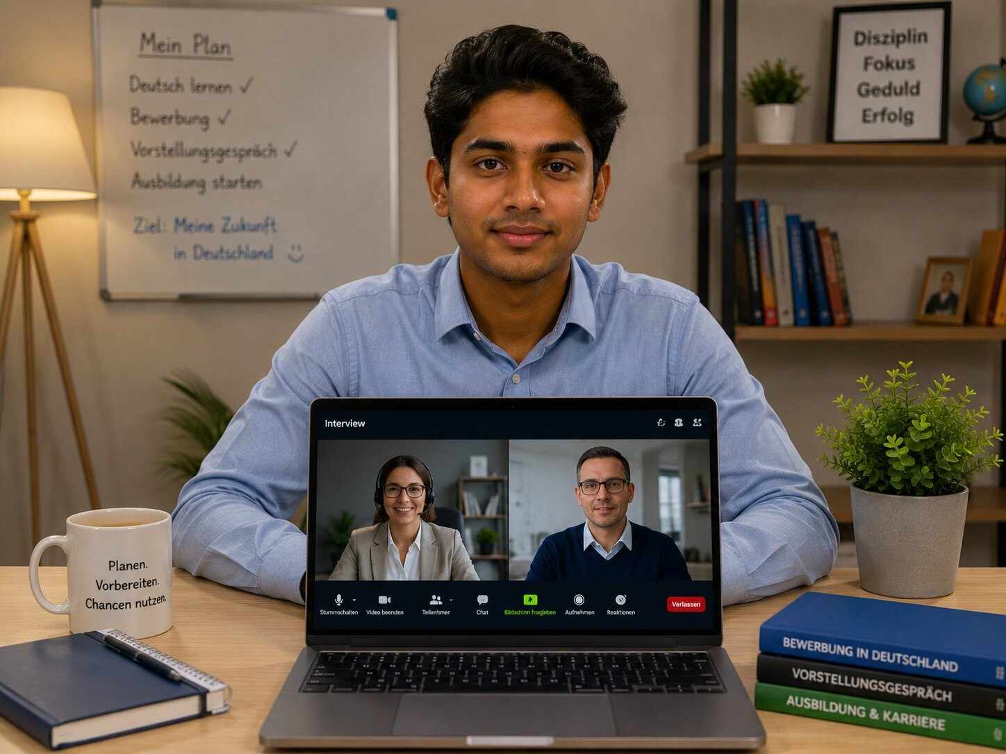 Young Indian Ausbildung candidate on a professional video call interview, sitting straight and speaking confidently in German