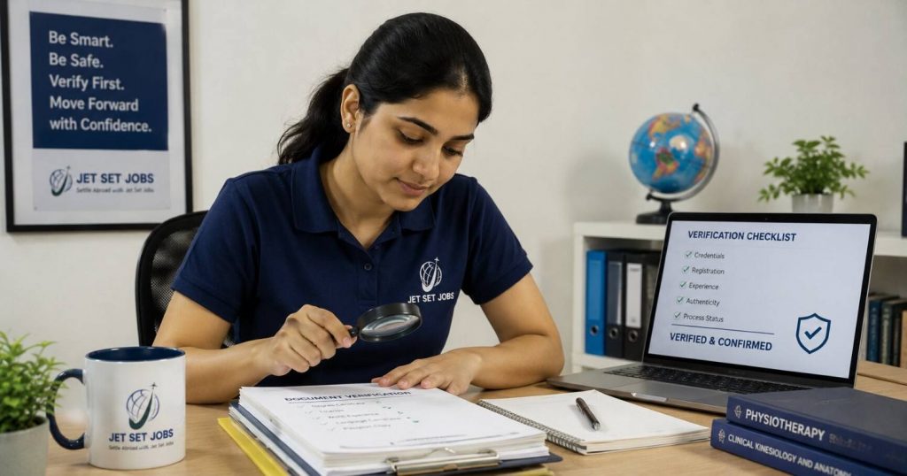 An Indian physiotherapist carefully verifying a recruitment agency to avoid scams