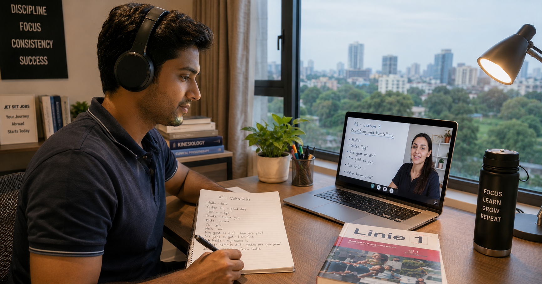 A physiotherapist from Delhi NCR attending an online German language class on a laptop at home