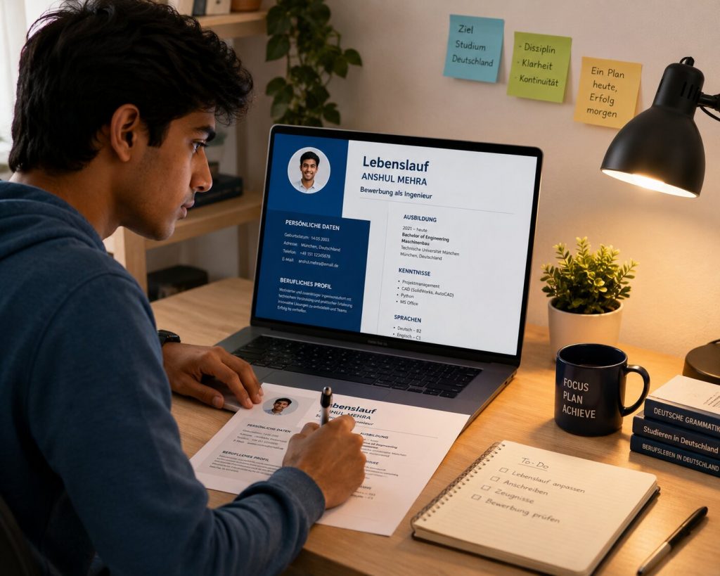 Young Indian student focused at a desk, writing their German Lebenslauf on a laptop - clean professional document visible on screen