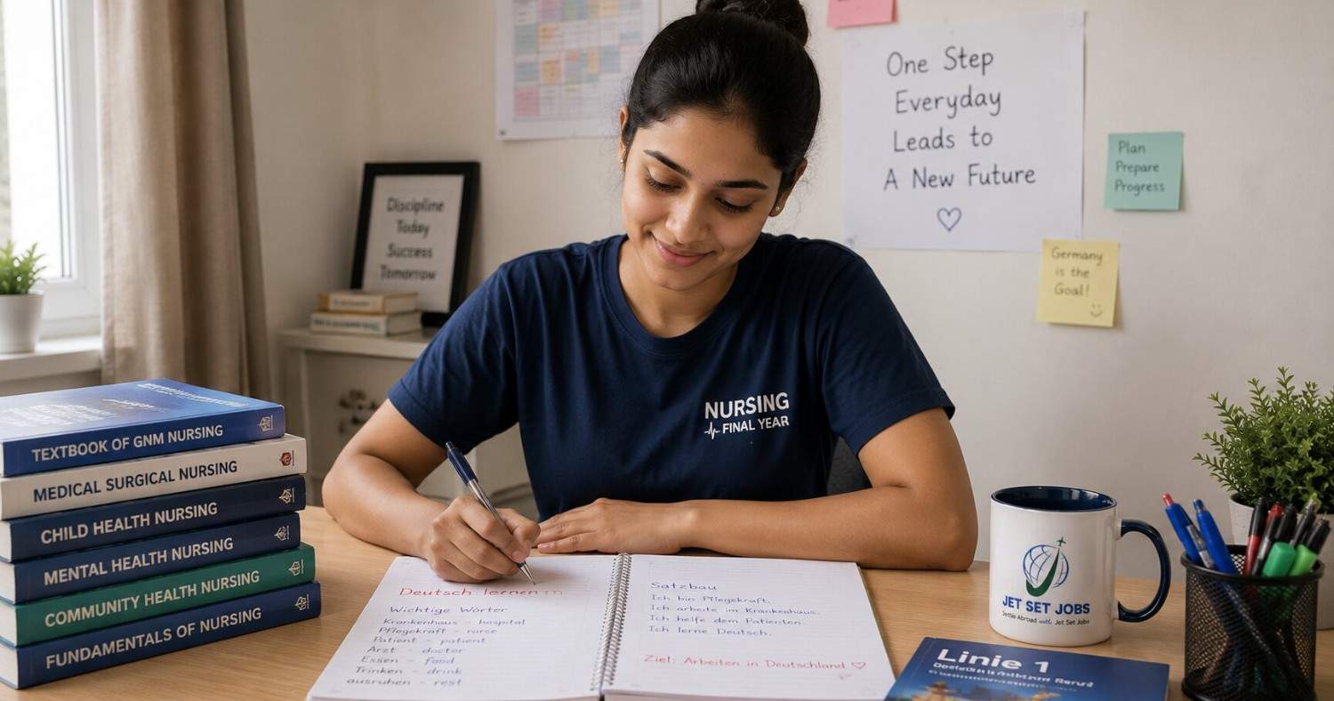 Final-year Indian GNM nursing student studying German while preparing for a career in Germany