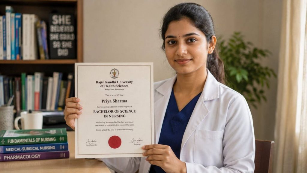 Indian nurse in uniform holding her nursing degree certificate from a private college with a confident expression