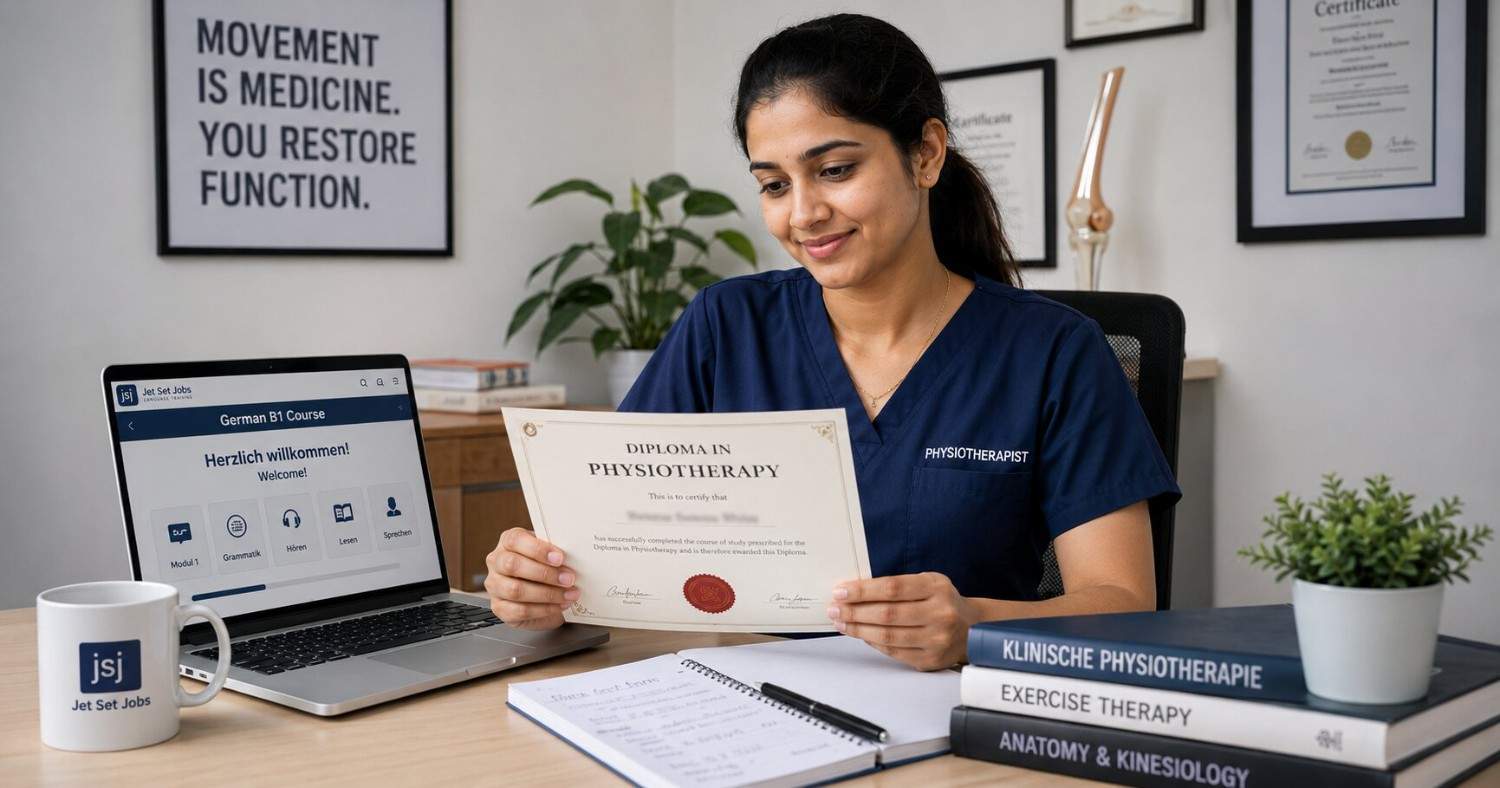 An Indian physiotherapy diploma holder confidently reviewing career options for Germany