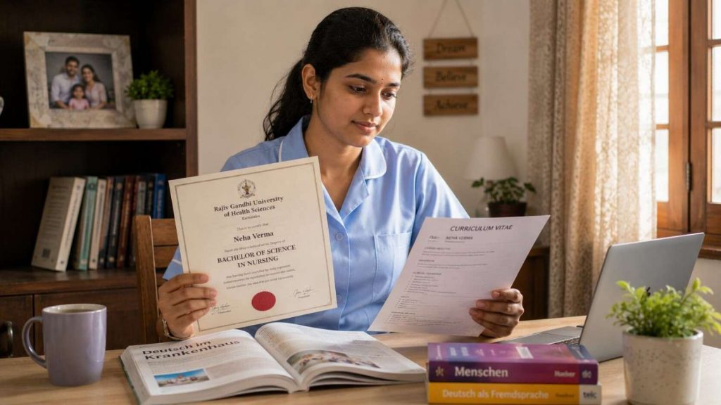 Indian nurse looking at her CV with a calm and determined expression, with a German language book open beside her