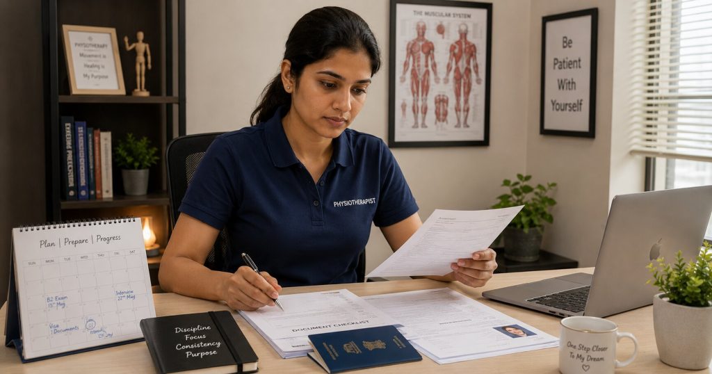 An Indian physiotherapist reviewing documents at a desk, preparing to address a career gap for Germany application