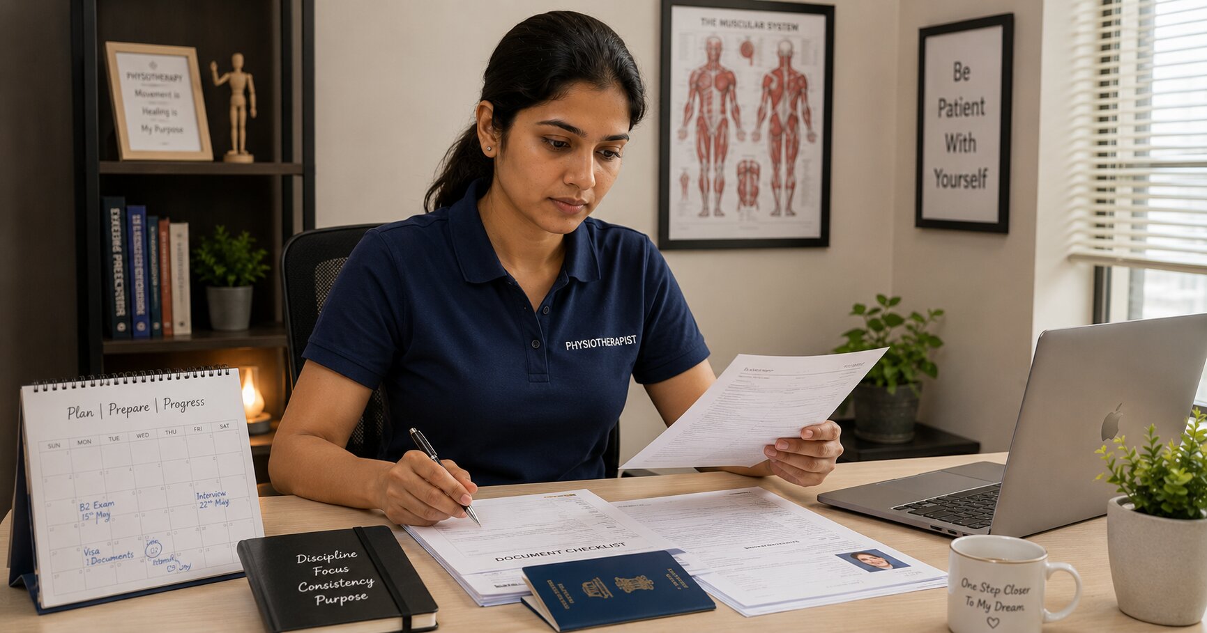 An Indian physiotherapist reviewing documents at a desk, preparing to address a career gap for Germany application