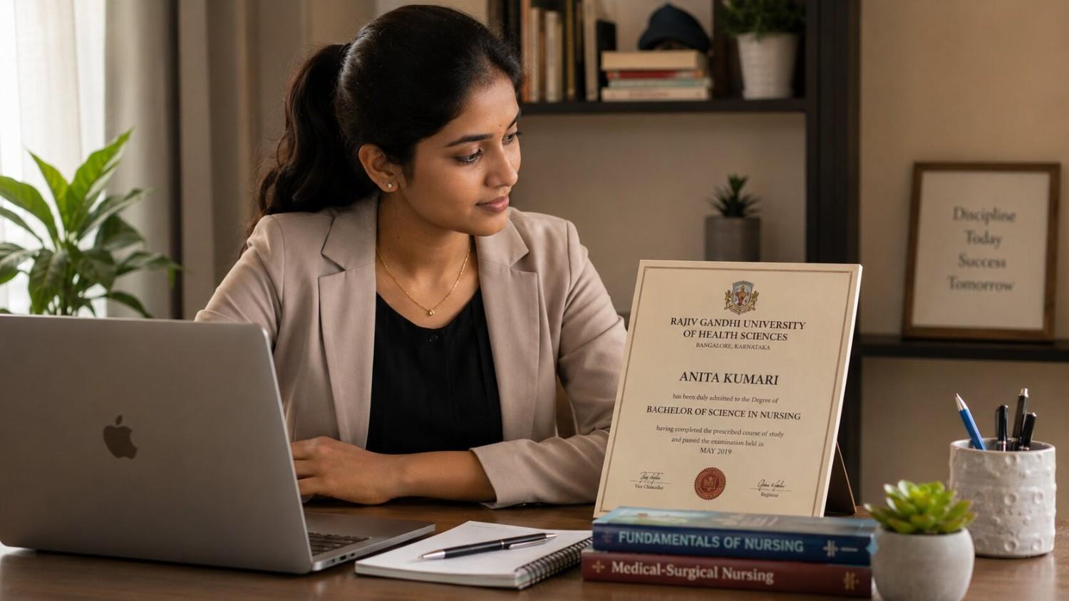 Indian woman in office clothing sitting next to her nursing degree certificate with a thoughtful expression, considering a career change back to nursing in Germany