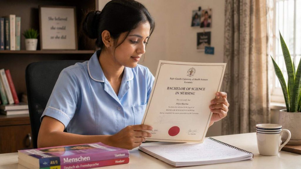 Indian nurse sitting at a desk looking at her nursing examination certificate with a thoughtful and determined expression