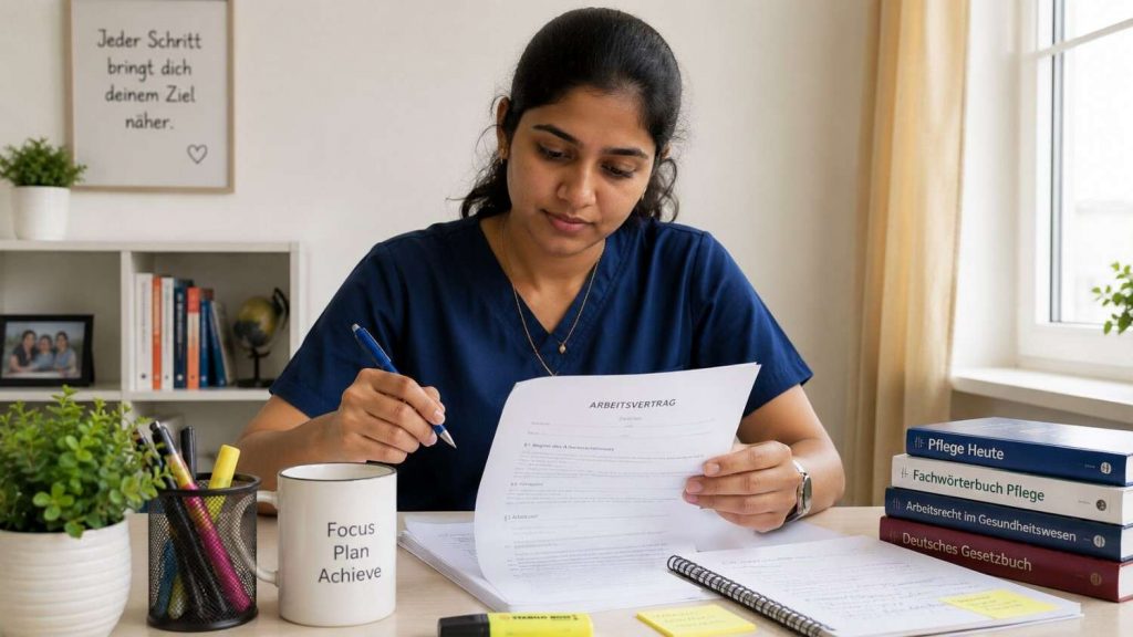 Indian nurse reading her German employment contract carefully at a desk before signing