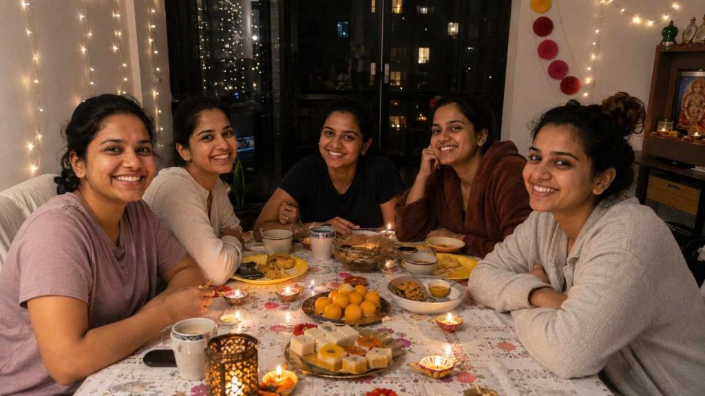 Group of Indian nurses in Germany celebrating Diwali together in a well-lit apartment with diyas and Indian sweets on the table