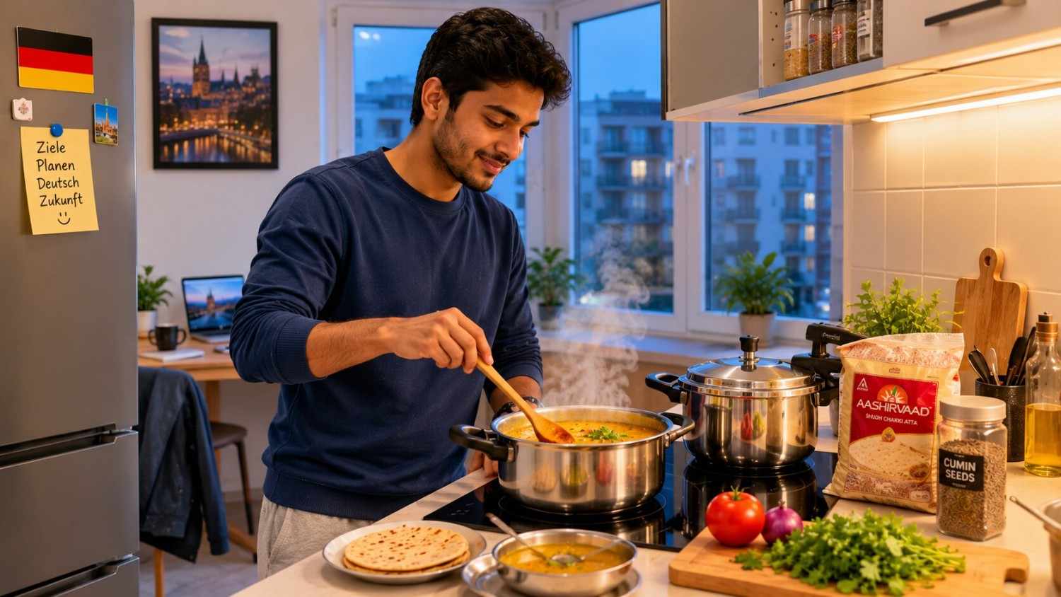 Young Indian Ausbildung trainee cooking Indian food in a clean German apartment kitchen